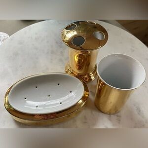 VTG 18K Gold Fine China 3PC Bath Set: Soap Dish | Cup | Toothbrush Holder